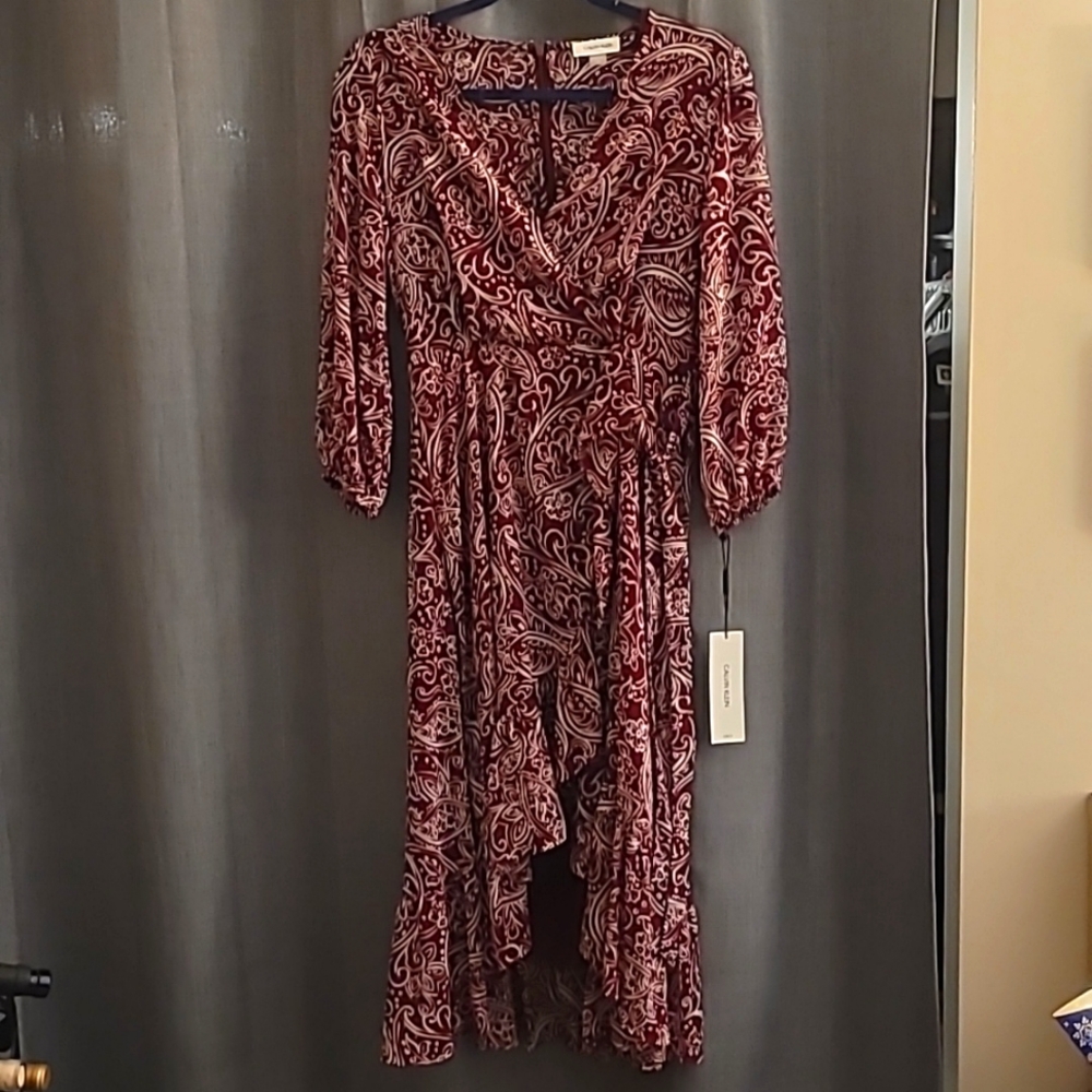 Calvin Klein Burgundy and White Faux Wrap Dress NWT